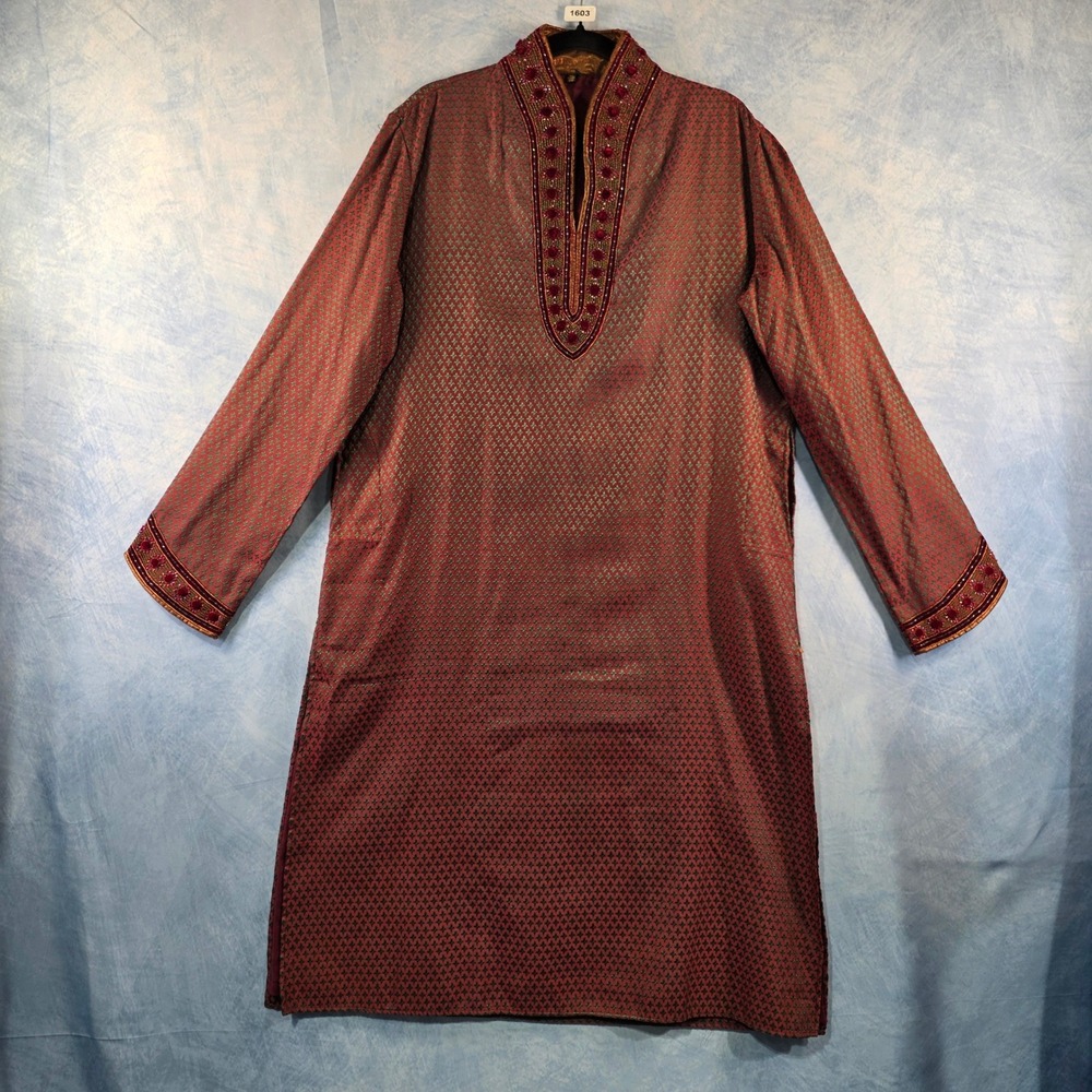 Mens Red Green Woven Kurta Tunic Embroidered Velvet Beadwork Traditional 105
